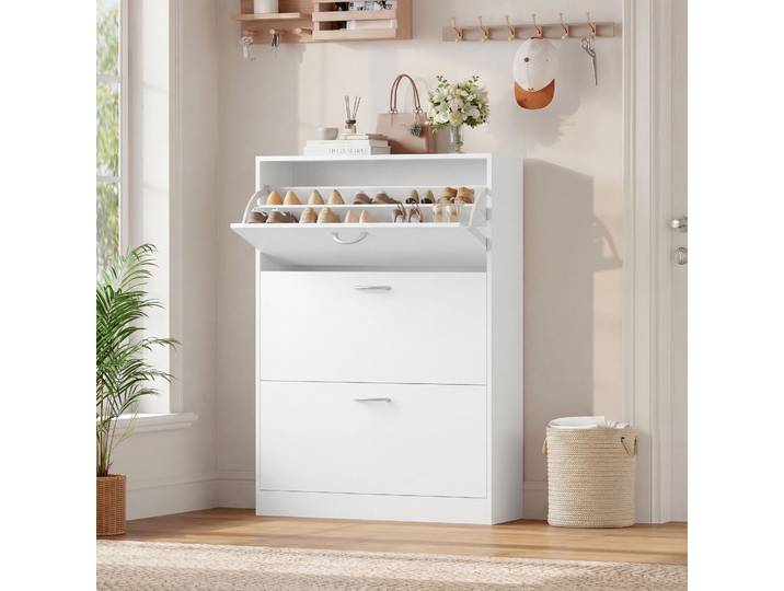 Getone Meuble à Chaussures Meuble Chaussure Blanc Étagère à Chaussures à 3 Niveaux avec 3 abattants en Bois pour Entrée Couloir Salon 110x80x23.5cm