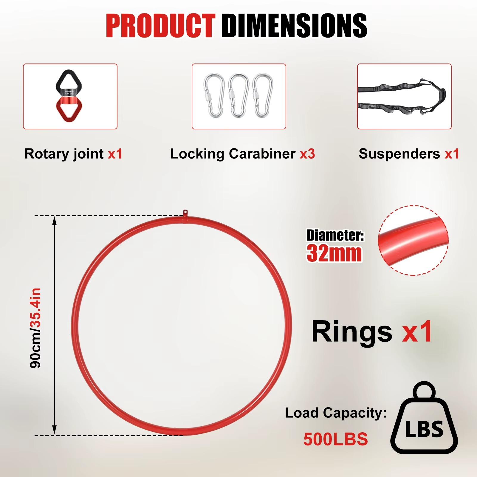 Aerial-Hoop-Set - Lyra-Ring 90 cm - 32-mm-Rohr - Edelstahl - Einpunktaufhängung - Tragetasche - Montagezubehör