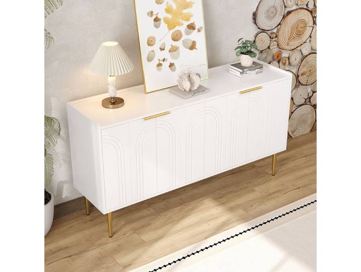 Buffet moderne - MODERNLUXE - 140x38x75 cm - 4 portes - Étagères réglables - Pieds en métal - MDF - Blanc