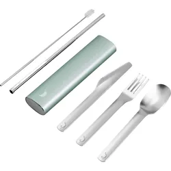 Chilly's Bottles Besteck-Set mit Strohhalm und Reinigungsbürste, grünes Etui, 6-teilig