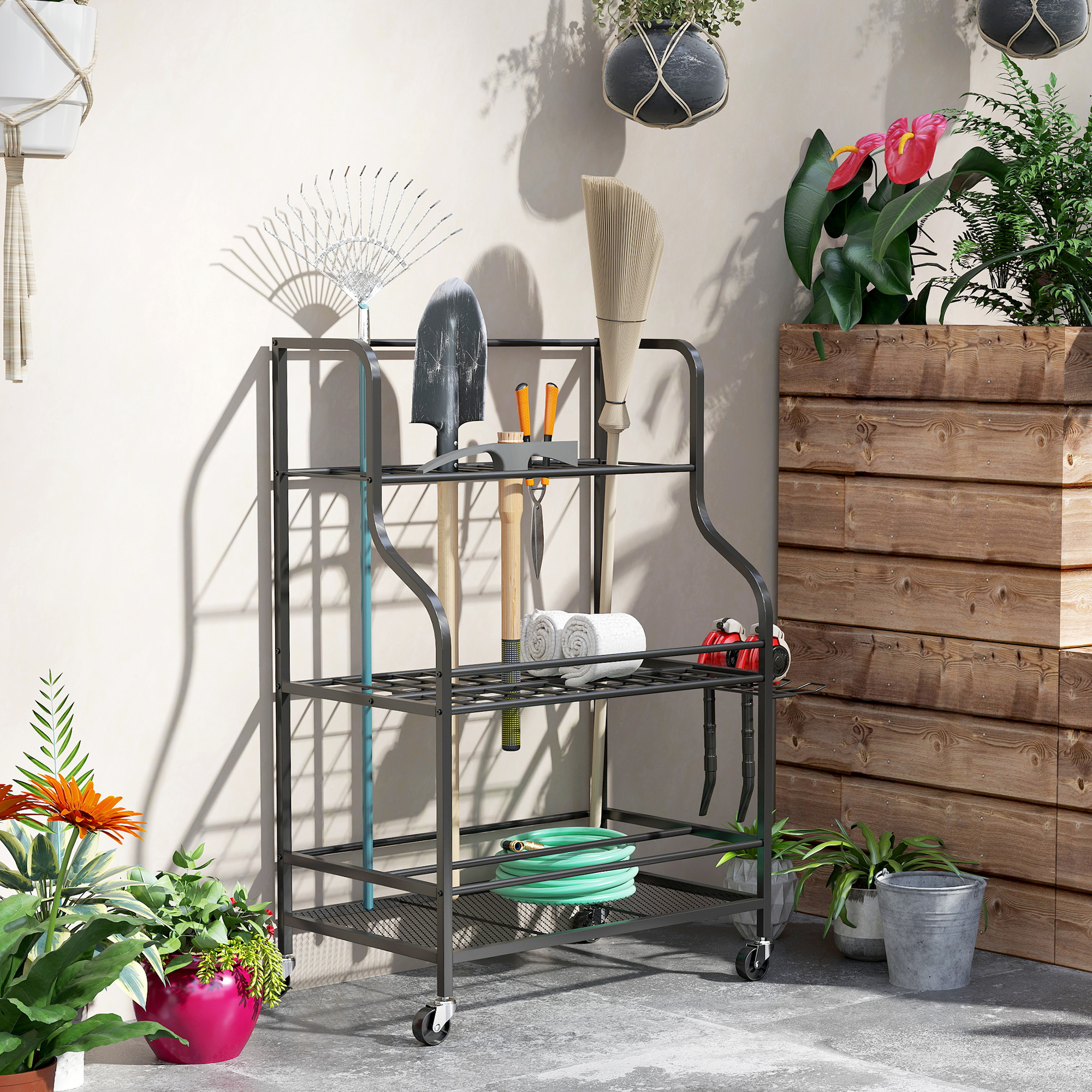 Outsunny Porta Attrezzi da Giardino a 3 Livelli, Organizzatore con Ganci Resistenti fino a 40 kg, Supporto per Attrezzi da Esterno, 77x40x97 cm, Nero   Aosom Italy