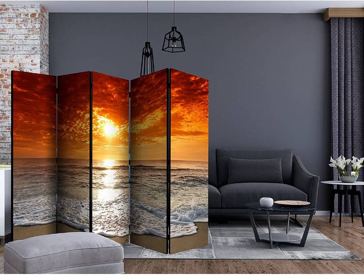Paravent Marvelous Sunset Akustik Vlies auf Kiefer Massiv Grau 225 x 172 x 3cm