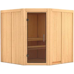 Karibu Sauna Jarin mit Eckeinstieg 68 mm-Ohne Ofen-ohne Dachkranz-Ganzglastür in Graphit-Optik