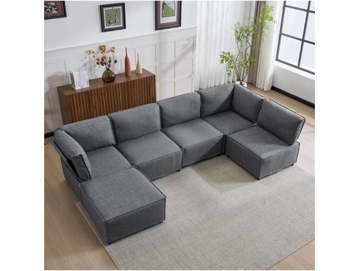 Canapé d'angle modulable convertible en lit 6 places tissu effet lin gris foncé