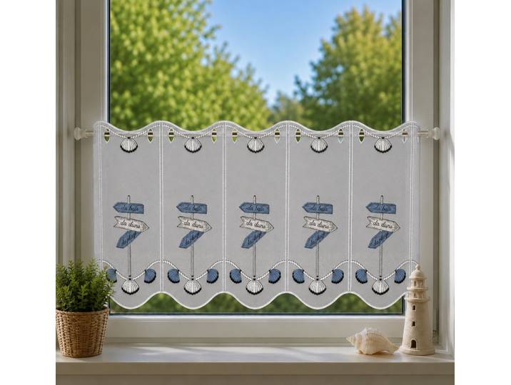 Scheibengardine STICKEREIEN PLAUEN Scheibengardine Schilder , weiss (weiß, blau), B:128cm H:40cm, Polyester, Gardinen, Scheibengardine, echte Plauener Stickerei