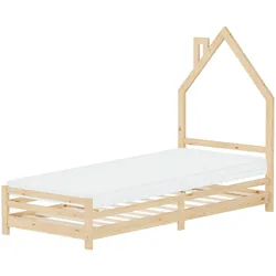 KINDERBETT Haus 90x200 cm mit Matratze Natur Kiefernholz