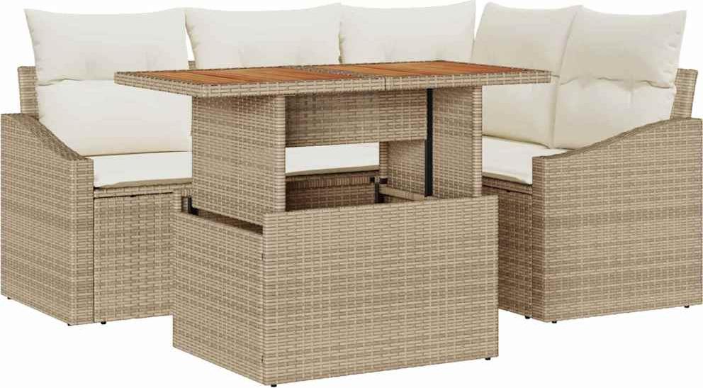 Modulares Gartensofa-Set, 5-teilig mit Stauraumfunktion, Poly-Rattan Beige Matt, wetterbeständig, für 4 Personen, Gartentisch inklusive