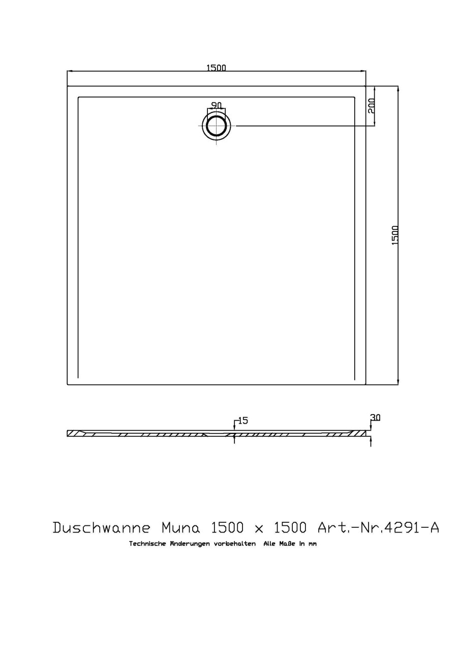 Hoesch Duschwanne Muna S 1500x1500x30 ohne Antirutsch 4291xA.013
