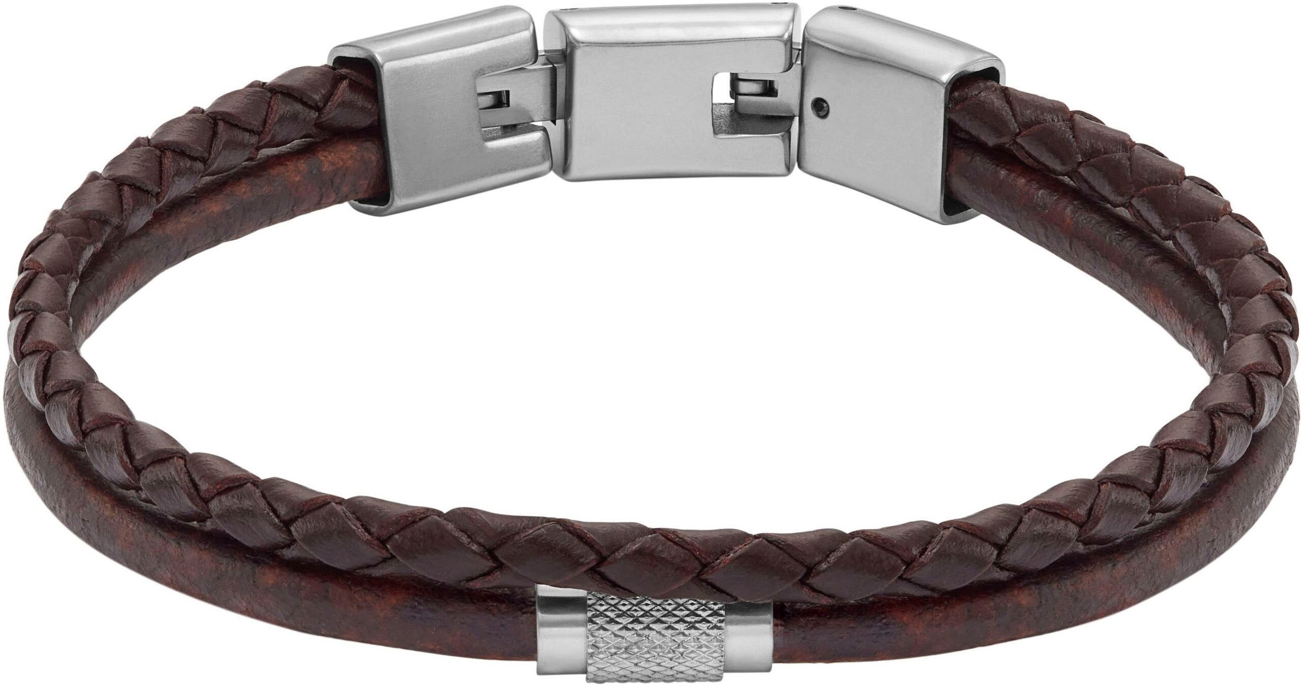 Armband FOSSIL "Schmuck Geschenk Edelstahl Leder Armschmuck JEWELRY", braun, Armbänder, Damen, 20cm, Edelstahl Leder, Edelstahl, Leder, Armband