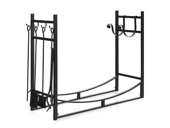 90 x 33 x 76 cm Haardhoutrek met 4-Delige Haardbestek-Set Brandhoutrek Metaal Haardhoutrek Haardaccessoires Haardgarnituur Zwart