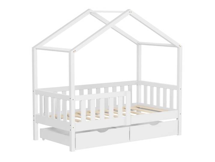 Lit cabane enfant ML-Design 70x140cm blanc bois massif 2 tiroirs antichute toit et sommier à lattes