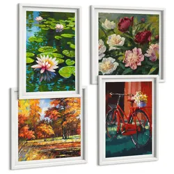 BILDER SET 4er Set - 50x50 cm & 40x60 cm Weißer Rahmen - Seerosen, Fahrradblumen