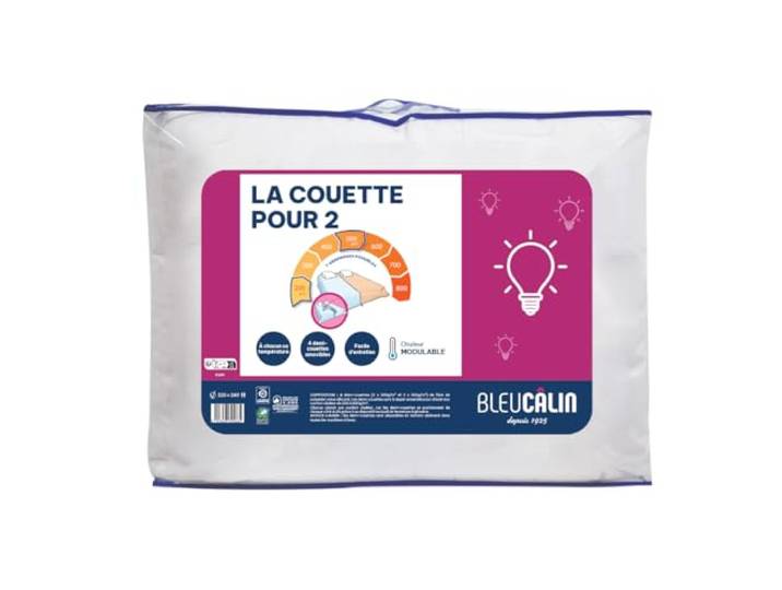 Bleu Calin Couette Chaude Modulable 2 personnes\, Couette Spécial Couples\, 4 demi-couettes superposables\, Microfibre\, Blanc\, 220 x 240 cm