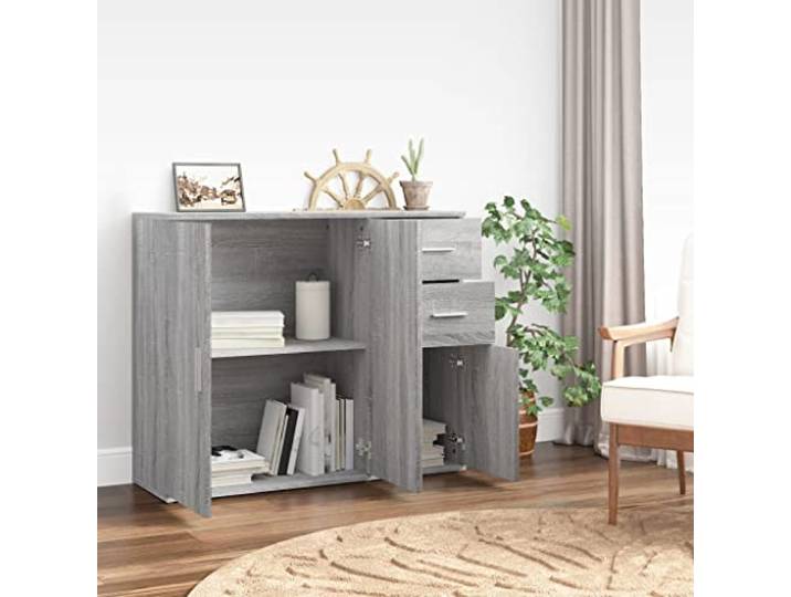 KTHLBRH Sideboard Grau Sonoma 91 x 29,5 x 75 cm aus mehrschichtigem Holz Großer Stauraum, Ablagefläche für Ausstellung, Montage mit Anleitung (evtl. nicht in deutscher Sprache)