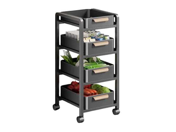 XXAD553TY Essen Rollbarer Aufbewahrungswagen for die Küche mit 4 Etagen Gemüse- und Obstkorb-Organizer-Regal(Schwarz)