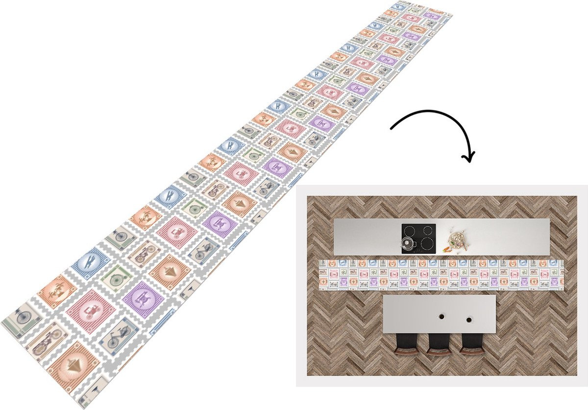 KitchenYeah Keukenloper met Fiets en Postzegel Patroon - Vinyl - B/D: 480 x 60 cm