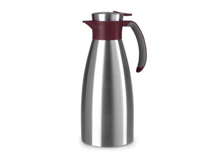 Emsa Soft Grip Isolierkanne, 1,5 Liter, Edelstahl, 12 Stunden heiß + 24 Stunden kalt, Auslaufsicher, Rutschfester Griff, Farbe Weinrot N4120500
