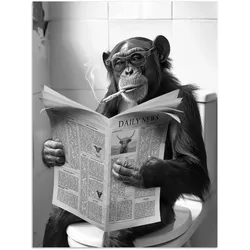 POSTER Affe - WC - Zeitung - Schwarz-Weiß - Humor Deko Wohnzimmer 60x80 cm