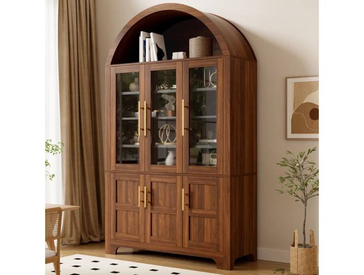 ULEVR Vitrine haute noyer 110 x 40 x 185 cm avec niche arquée 3 portes vitrées et 3 portes pleines