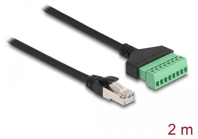 Delock RJ45-kabel Cat.6 stekker naar klemmenblok adapter, 2 meter, U/UTP, zwart/groen