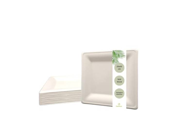 DeinPack 500 Stück Zuckerrohr Teller 20x20 cm weiß eckig I Partyteller Einmalgeschirr Bio Einweggeschirr Speiseteller Bagasse Teller Bio Geschirr biologisch abbaubare Teller quadratisch
