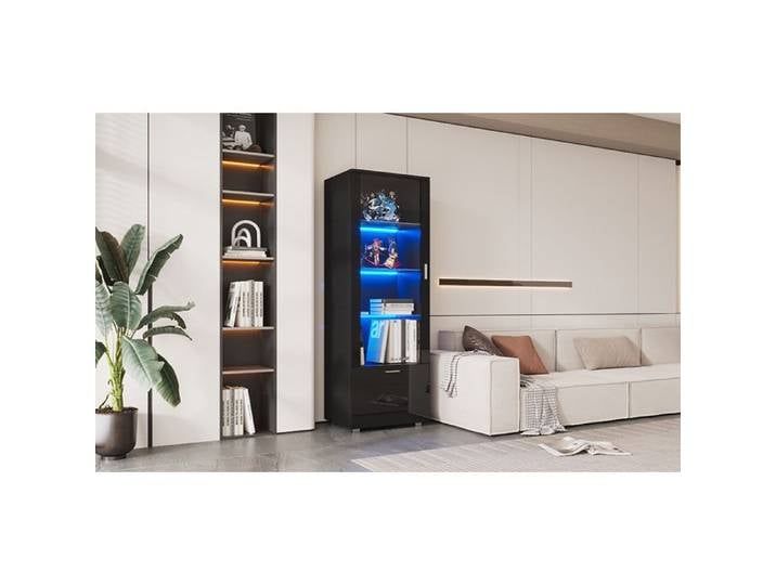 WOVREO Vitrine noire brillante 50x40x160 cm avec LED télécommandée porte en acrylique et 3 étagères