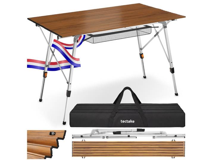 Aluminium campingtafel Tina, opvouwbaar en in hoogte verstelbaar - houtlook