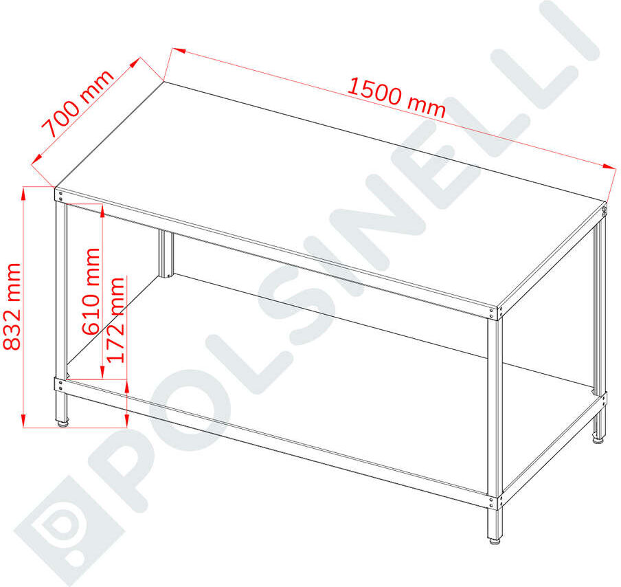 Polsinelli Table en acier inox avec étagère 150 x 70 cm