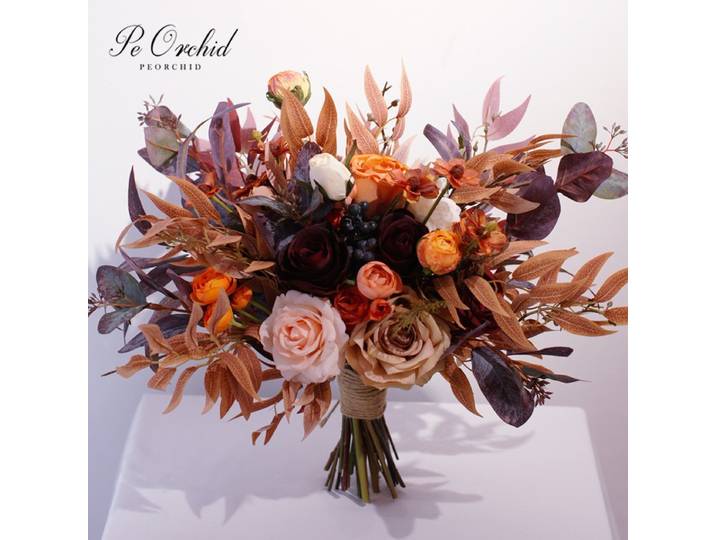 PEORCHID-Grand bouquet de fleurs artificielles, fausses roses mélangées, café, document de mariage, mariée, automne