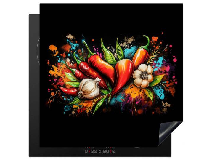 MuchoWow Herabdeckplatte - Gemüse - Paprika - Knoblauch - Graffiti - Farbe - Bunt - 78x78, Rot, Kunststoff, Quadratisch, 78x78x0.2 cm, Geschirr, Tischkultur & Serviergeschirr, Servierplatten