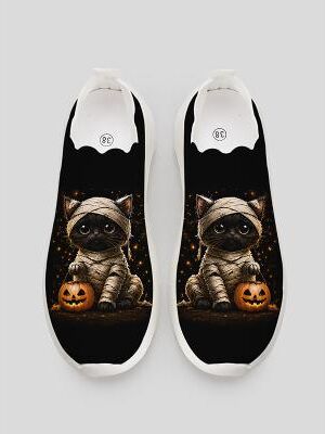 LightInthebox Women's Halloween Slip-On Sneaking Shoes - Orange Flyknit Walking Sneakers with Black Cat Pumpkin Graphic, Scalloped Casual Shoes for Holiday Party Daily Wear