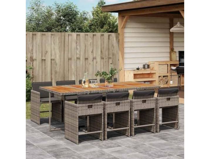 HEFZGDB 9-TLG. Garten-Essgruppe mit Kissen Grau Poly Rattan, Klappstühle mit waschbaren Bezügen und Akazienholz-Tischplatte für Terrasse, Outdoor-Esszimmer Set mit platzsparender