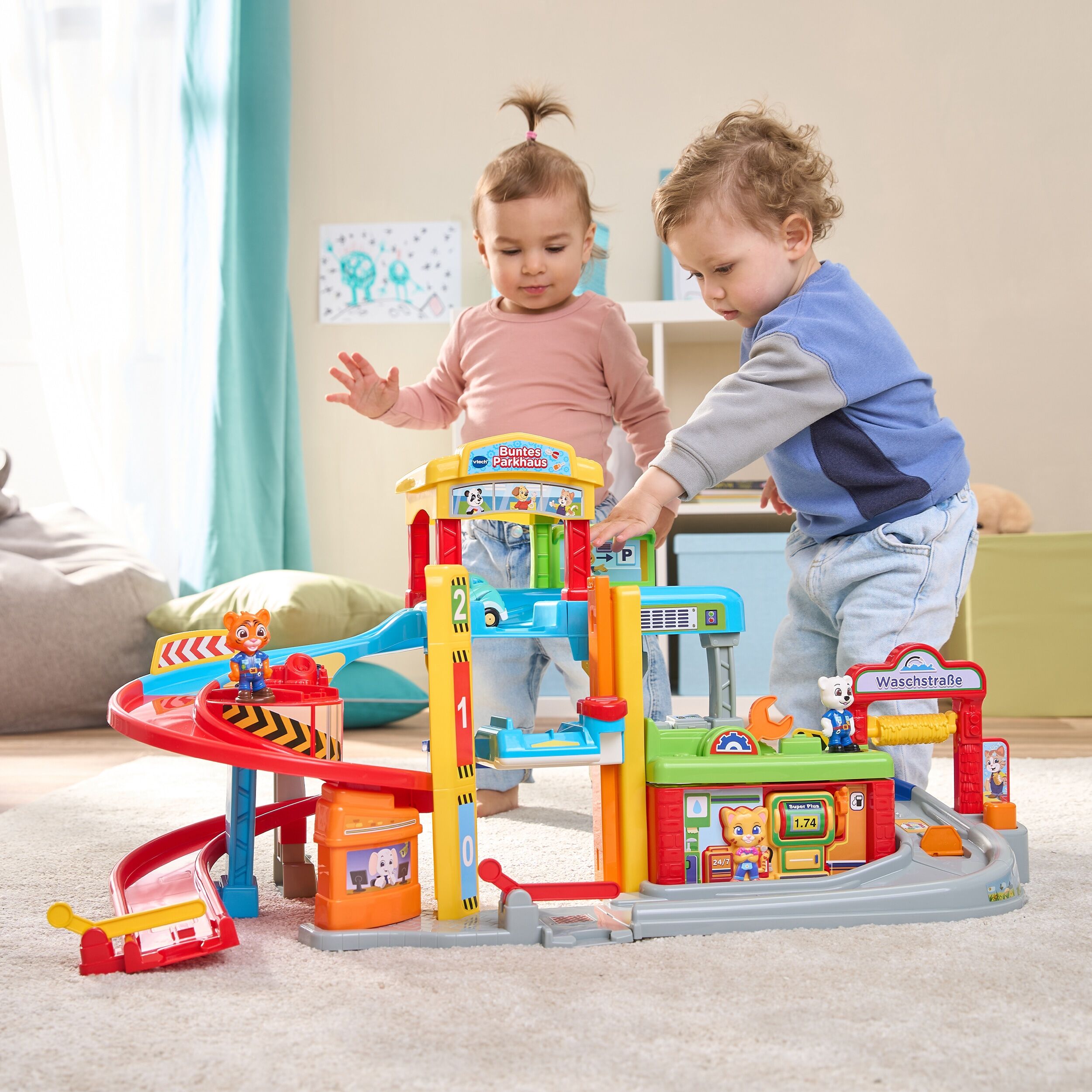 Spielwelt VTECH "Tut Tut Baby Flitzer, Buntes Parkhaus", bunt, Spielfigurenwelten, Kinder, Kunststoff, Spielwelt, inklusive 3 Fahrzeuge (Taxi, Sportwagen, Lieferwagen)