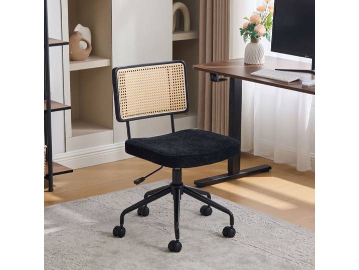 Chaise de bureau vintage - Rotin et chenille - Pivotante réglable - Siège en tissu moelleux - Cadre en bois