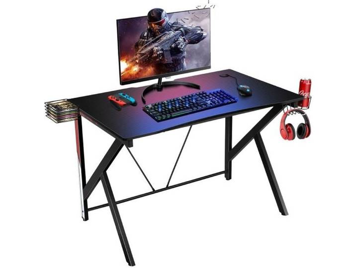COSTWAY Bureau Gamer Bureau de Jeu pour Gaming avec Stockage Vidéo Porte-Gobelet et Crochet 115 x 73 x 76 5 CM