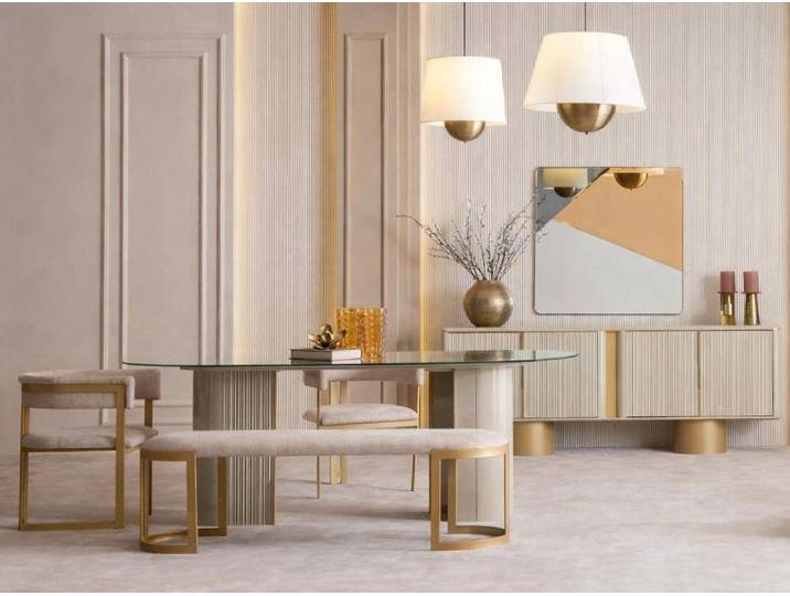 Xlmoebel Essgruppe Elegantes Esszimmer Set mit Tisch, Bank, Stühlen und Spiegel, (Essgruppe, 6-tlg., Esszimmer Set mit Spiegel), Made in Europa