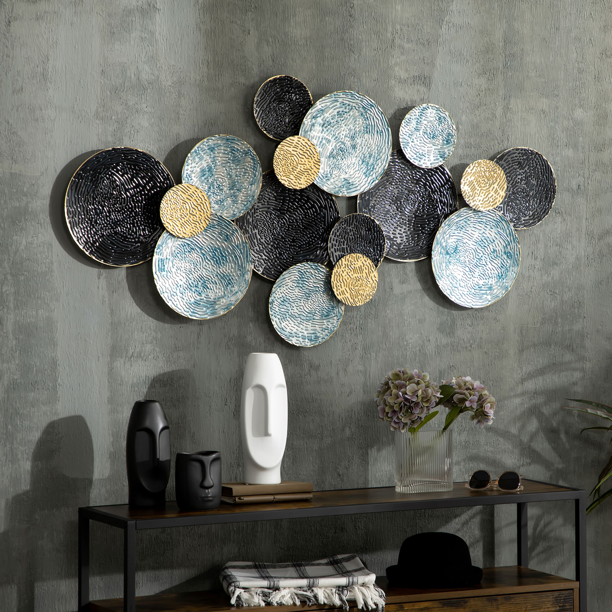 Homcom Decorazione Murale in Metallo 3D, Wall Art a Cerchi 133x66cm, Blu, Nero e Oro Aosom