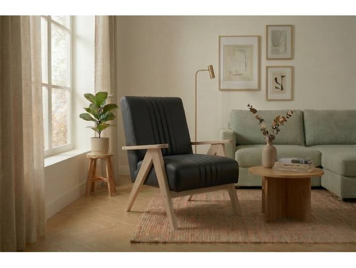 Friderik-EU Sessel ENZO Polstersessel mit Holzgestell Mid-Century Ledersessel Vintage, vertikale Steppungen am Rücken, leichtes Holzgestell