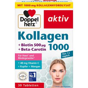 Doppelherz Kollagen aktiv 1000, Hydrolysat, Peptid Typ 1, Biotin, Beta-Carotin, Vitamin C, Kupfer & Mangan, 30 Tabletten