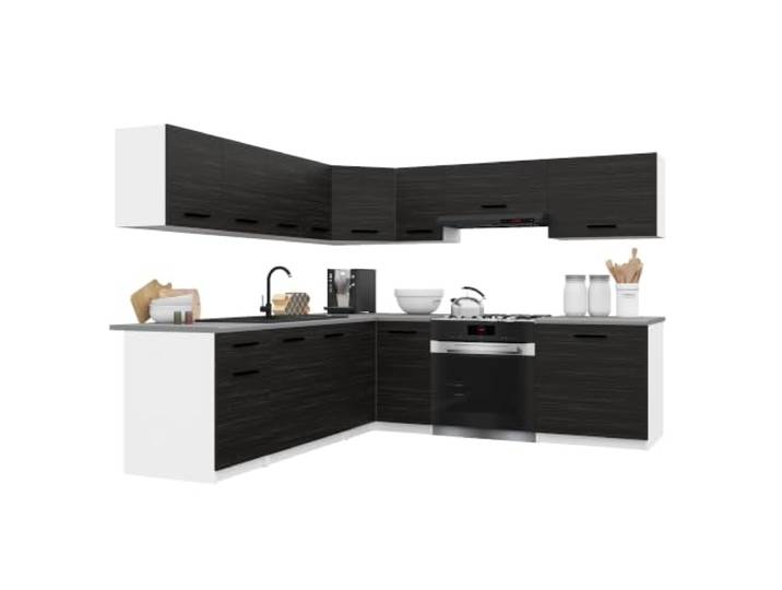 Belini ITALIA 7 Eckküche Küchenblock 420cm Ebenholz Küchenset als Eckküche, weiße Korpusse, DECOR ECONATURA Material, kratzfest, ohne Elektrogeräte, mit Arbeitsplatte