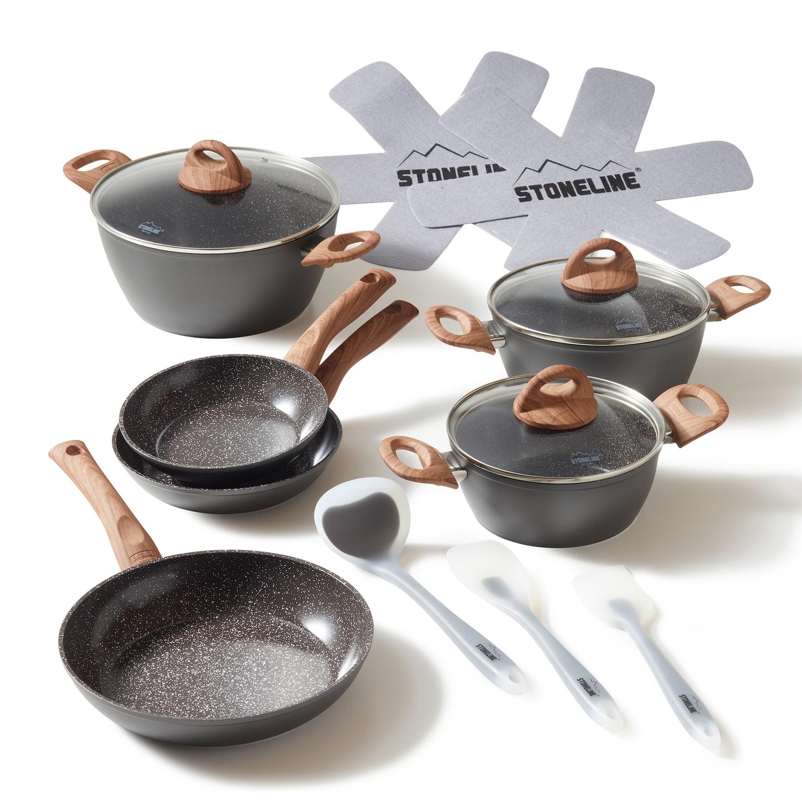 STONELINE Ceramic Topfset für Induktion geeignet, 14 teilig, Kochgeschirr Set mit Glasdeckel, Töpfe und Pfannen mit PFAS-freier Keramik Antihaftbeschichtung und echten Steinpartikeln, Holzoptik