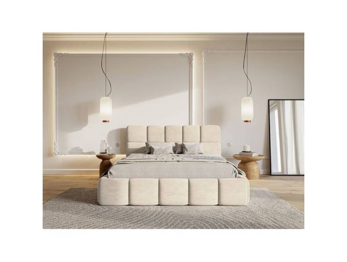 Lit rembourré 120x200 – Cloudy – avec coffre – Velours Beige clair