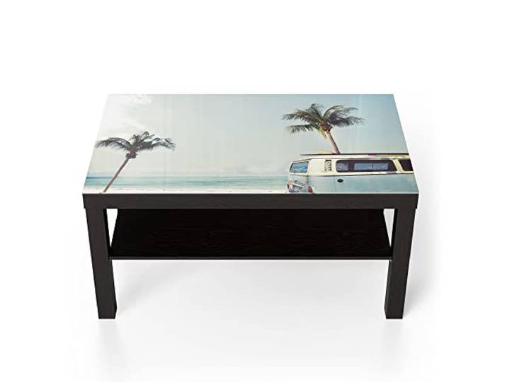 DEQORI Glastisch schwarz groß 90x50 cm Motiv Surfer-Bus am Strand ausgefallener Beistelltisch aus Glas Hochglanz Couchtisch fürs Wohnzimmer moderner Couch Tisch mit Design