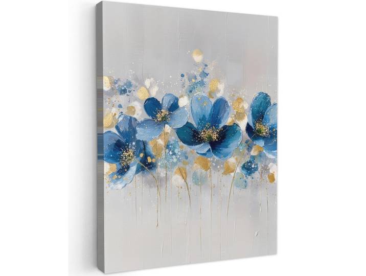 MuchoWow Leinwandbild - Blumen - Blau - Abstrakt - 60x80 - Gemälde, Hellgrau, Textil, Kiefer, Rechteckig, 60x80 cm, gerahmt, Bilder & Rahmen, Bilder, Wandbilder