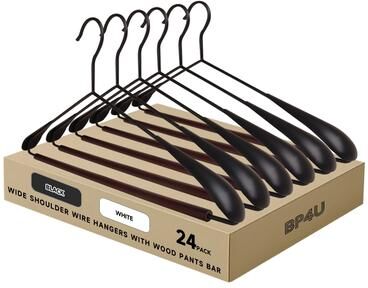 BP4U Heavy Duty Metal Wide Shoulder Suit Hangers, Welded Coat Hangers with Beech Wood Pants Bar for Clothes