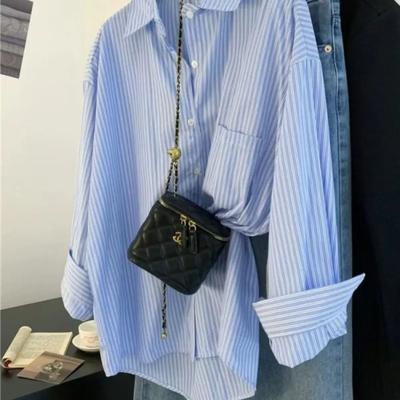 Uplift Picks Womens Blue Striped Oversized Shirt Retro Long Sleeve Striped Button Up Blouse blue m