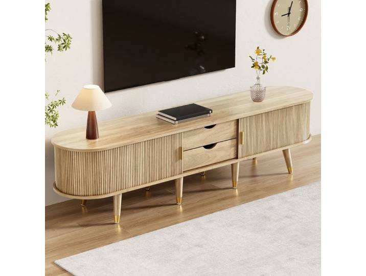 Meuble TV - SOGEU - 180x40x50 - Portes coulissantes - Chêne clair - Rangement multifonction