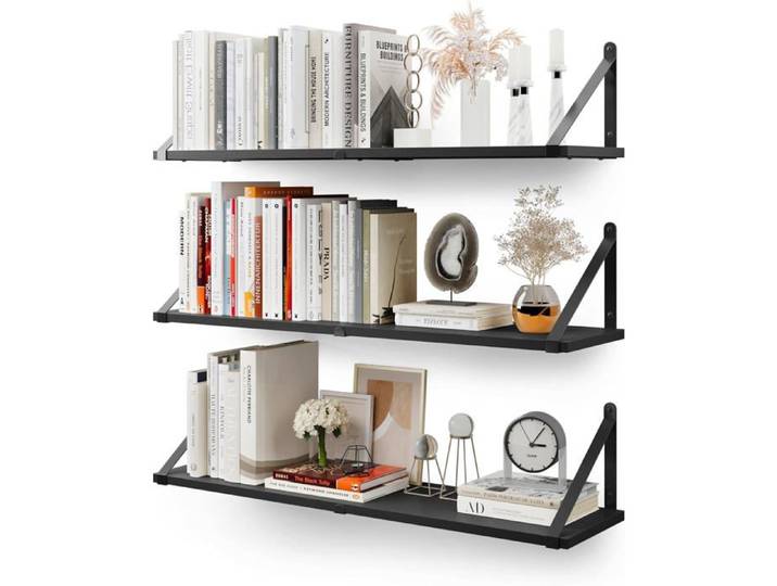 Étagères bibliothèques murales suspendues Lot de 3 80x20cm bois rustique + supports métalliques Chambre salon bureau salle de
