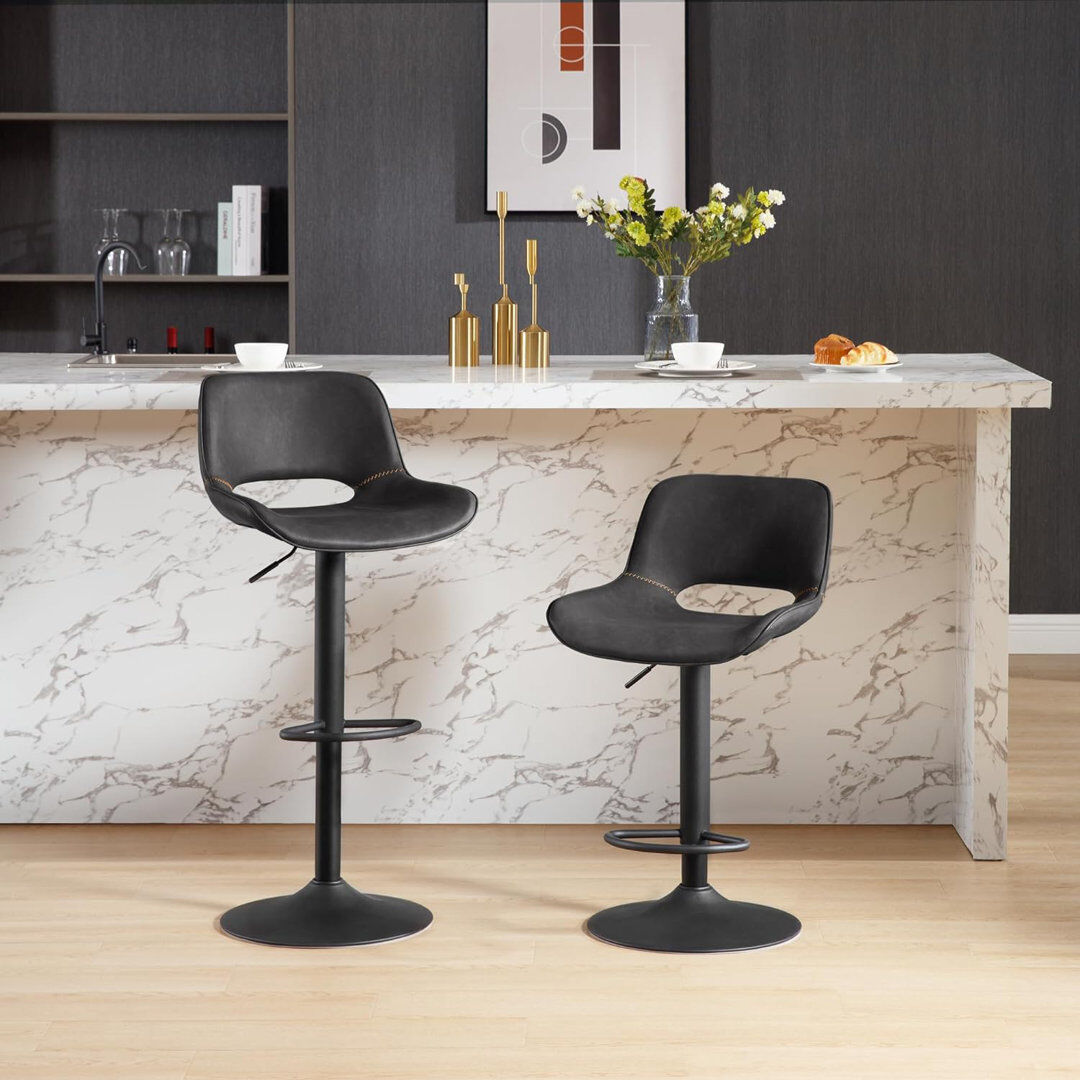 George Oliver Raekwon Swivel Yes Faux Leather Yes Bar Stool with Iron Frame Black 2