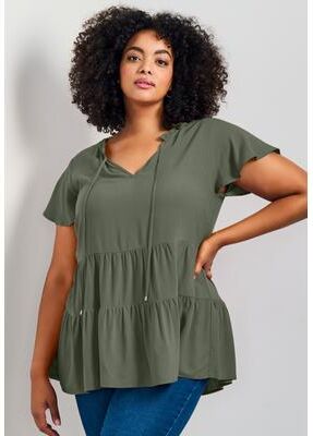 Plus Size Women's Lani Flutter Sleeve Tiered Top by Avenue in Olive (Size 16)